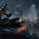 Boba Fett holds a smoking gun while kneeling next to a corpse and overlooking the Coruscant underworld.